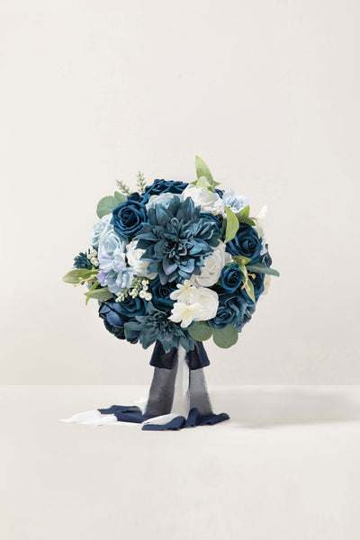 Small Round Bridal Bouquet in Dusty Blue & Navy