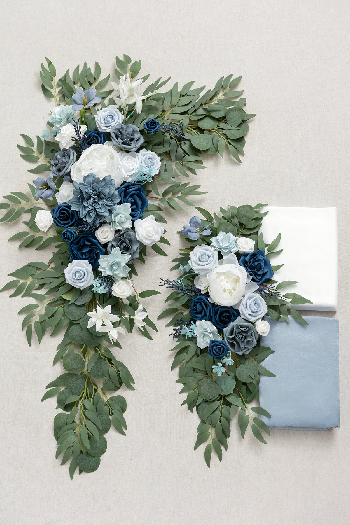 Flower Arch Decor with Drapes in Dusty Blue & Navy