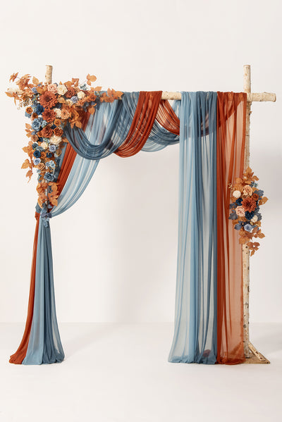 Flower Arch Decor with Drapes in Russet Orange & Denim Blue