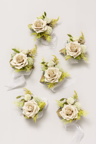 Wrist Corsages in Emerald & Tawny Beige