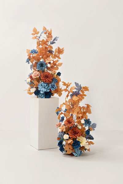 Oversized Free-Standing Ground Flower Arrangements in Russet Orange & Denim Blue