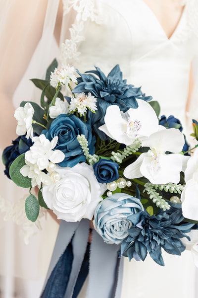 Small Free-Form Bridal Bouquet in Dusty Blue & Navy