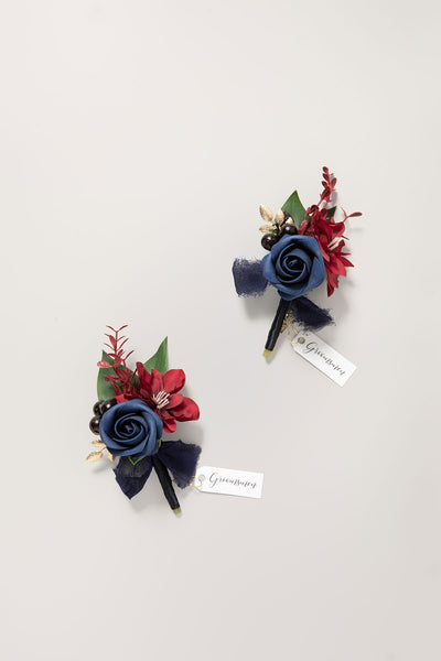 Boutonnieres in Burgundy & Navy