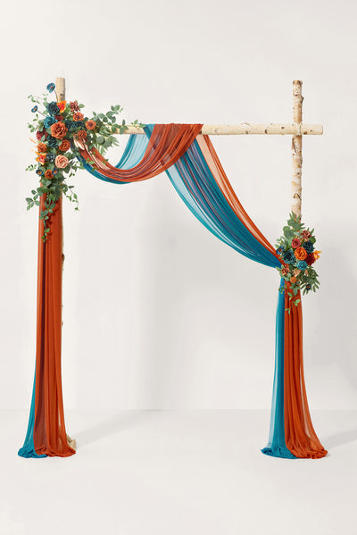 Flower Arch Decor with Drapes in Dark Teal & Burnt Orange