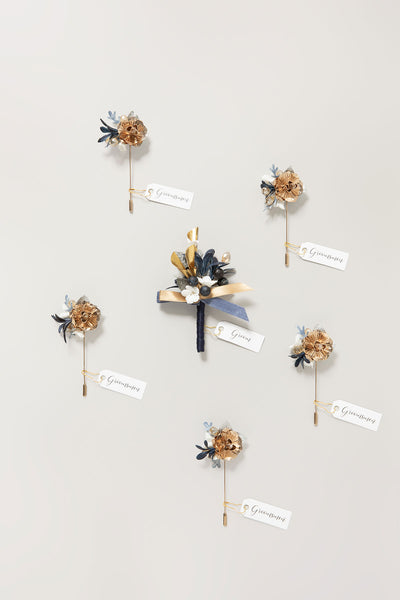 Boutonnieres in Stately Navy & Gold