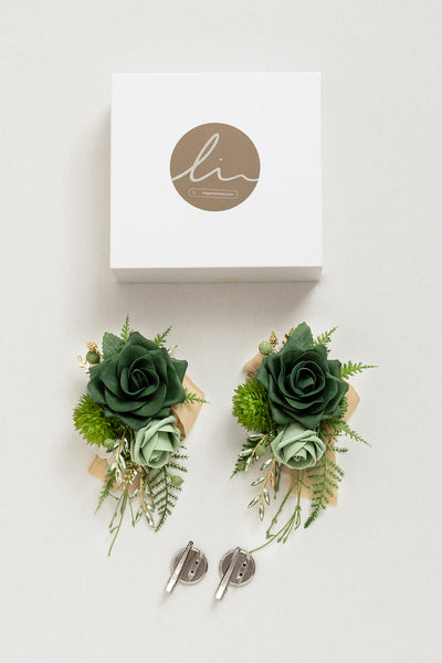 Wrist and Shoulder Corsages in Forest Green & Gold