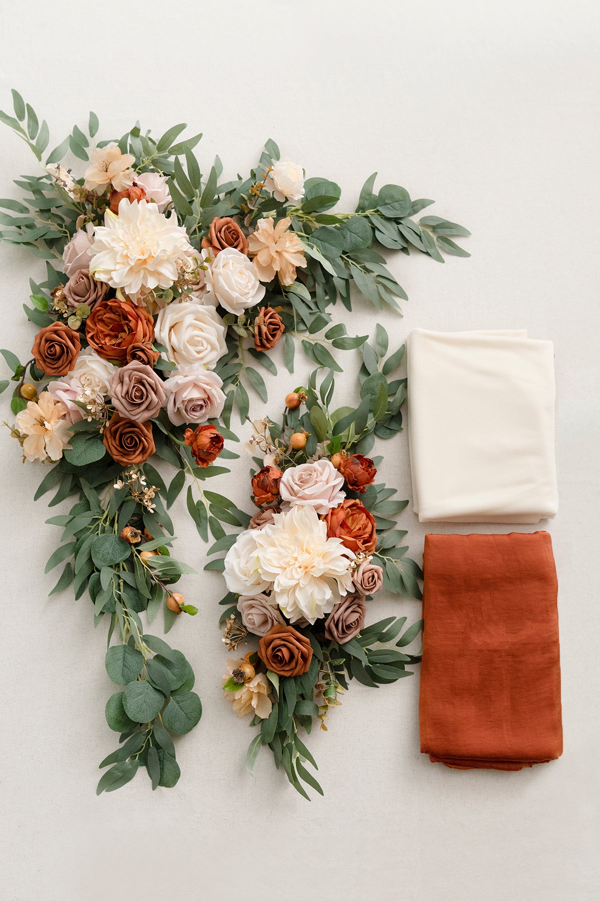 Flower Arch Decor with Drapes in Sunset Terracotta