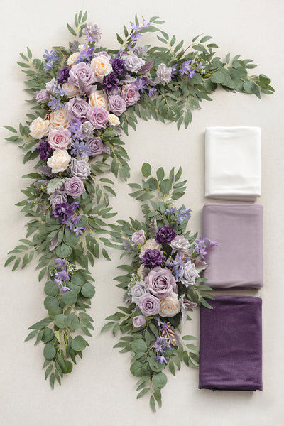 Flower Arch Decor with Drapes in Lilac & Gold