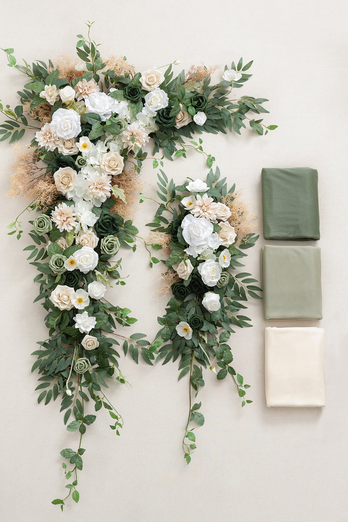 Flower Arch Decor with Drapes in Emerald & Tawny Beige