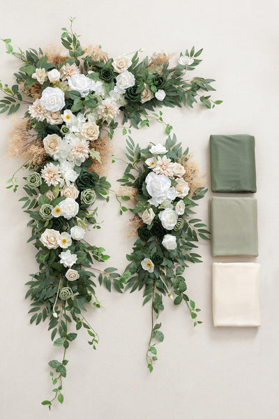 Flower Arch Decor with Drapes in Emerald & Tawny Beige