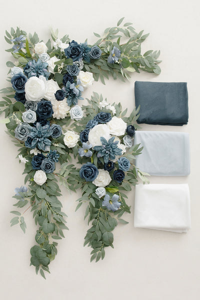 Flower Arch Decor with Drapes in Dusty Blue & Navy