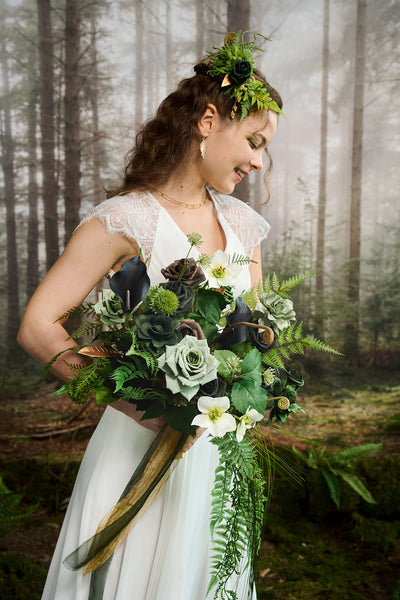 Small Cascade Bridal Bouquet in Forest Green & Gold