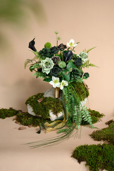 Small Cascade Bridal Bouquet in Forest Green & Gold