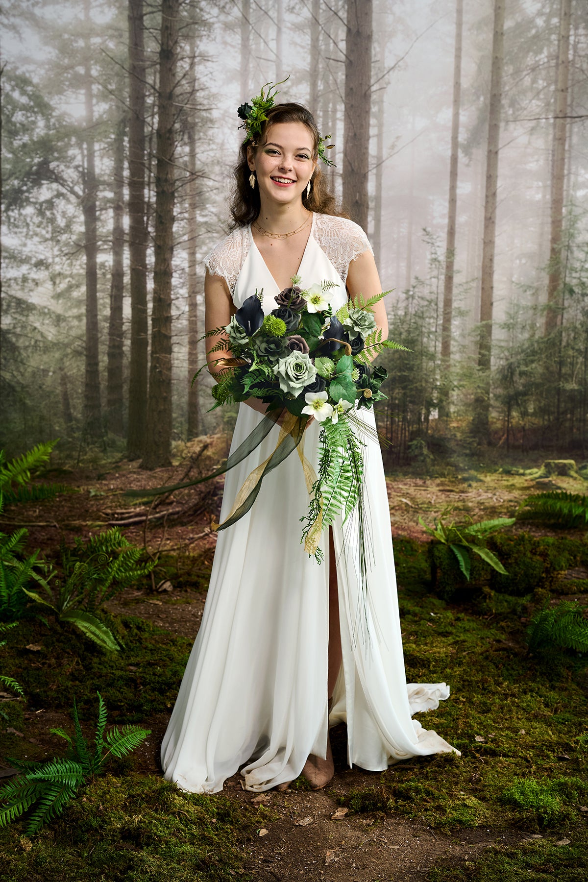 Small Cascade Bridal Bouquet in Forest Green & Gold