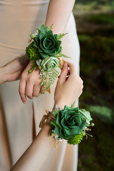 Wrist and Shoulder Corsages in Forest Green & Gold