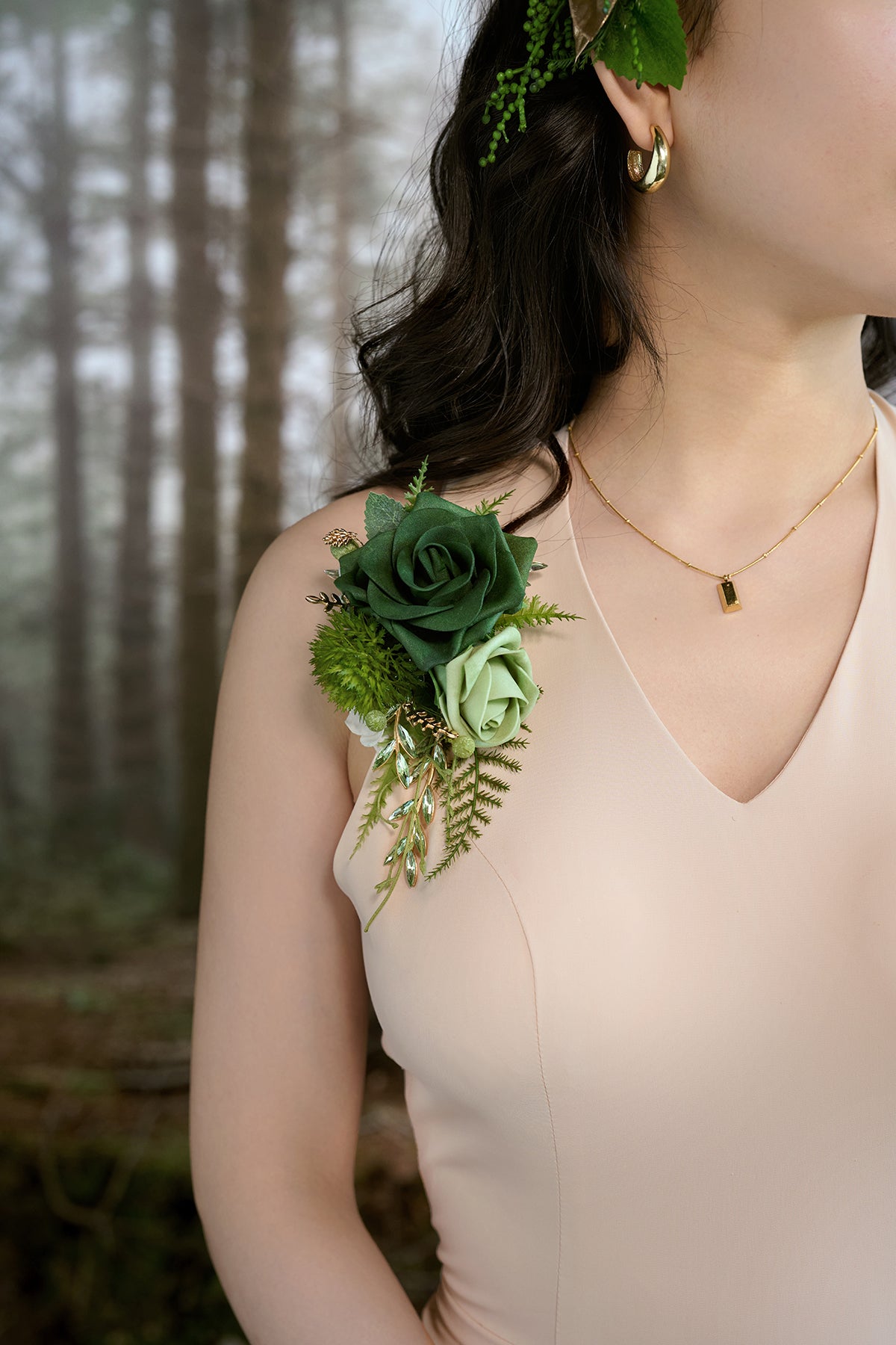 Wrist and Shoulder Corsages in Forest Green & Gold