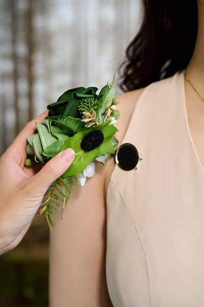 Wrist and Shoulder Corsages in Forest Green & Gold