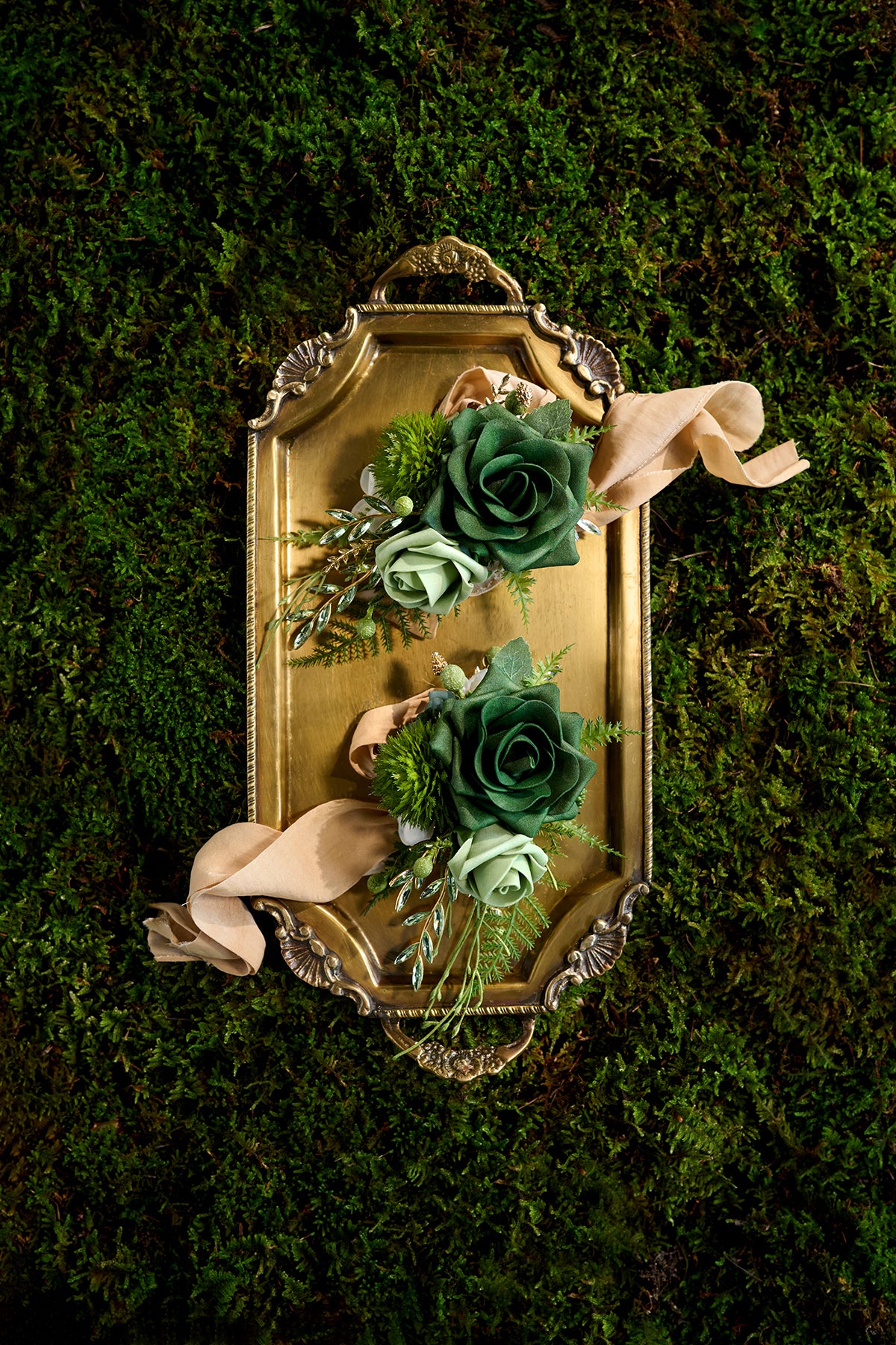 Wrist and Shoulder Corsages in Forest Green & Gold