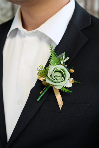 Boutonnieres in Forest Green & Gold