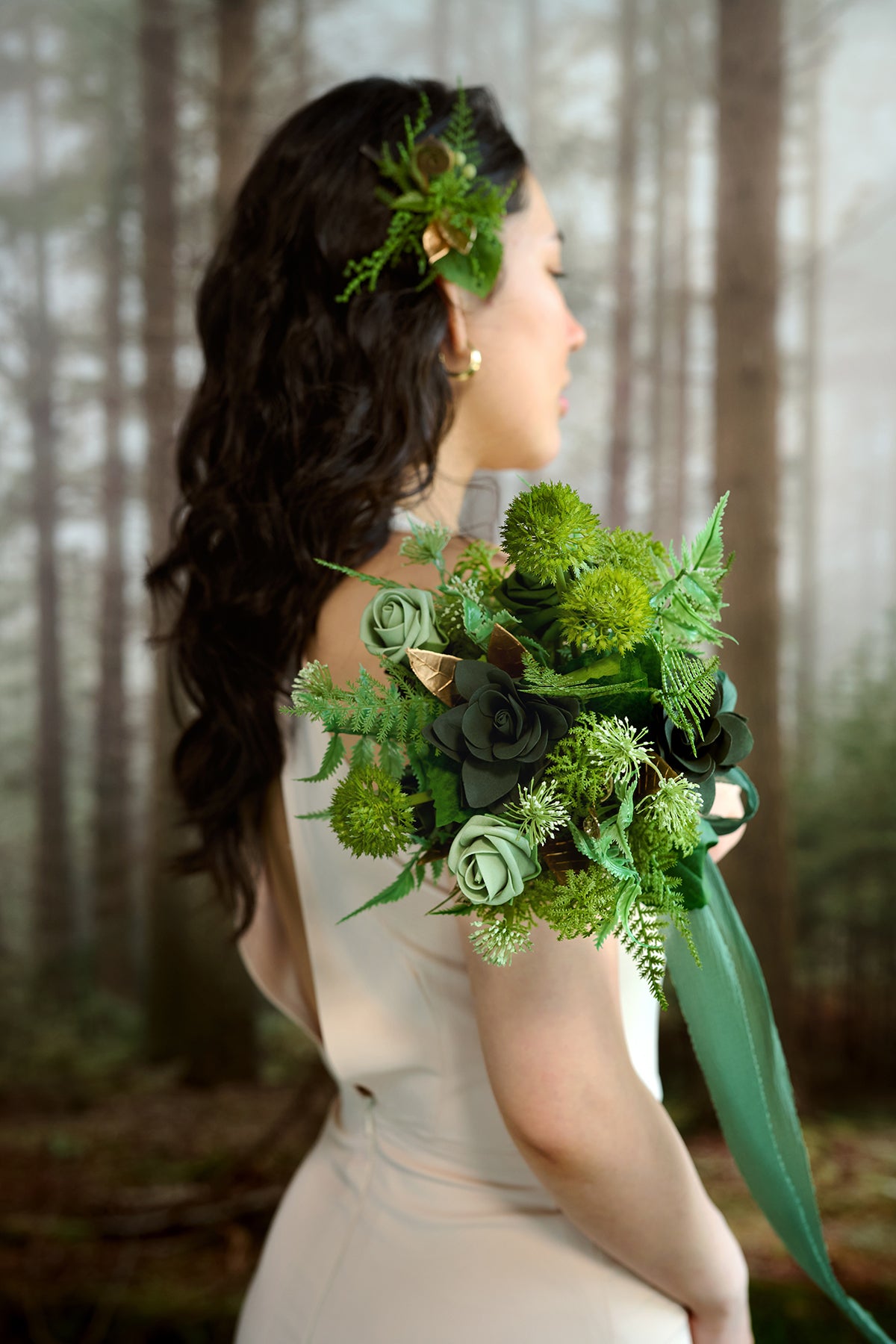 Bridesmaid Bouquet in Forest Green & Gold | Clearance