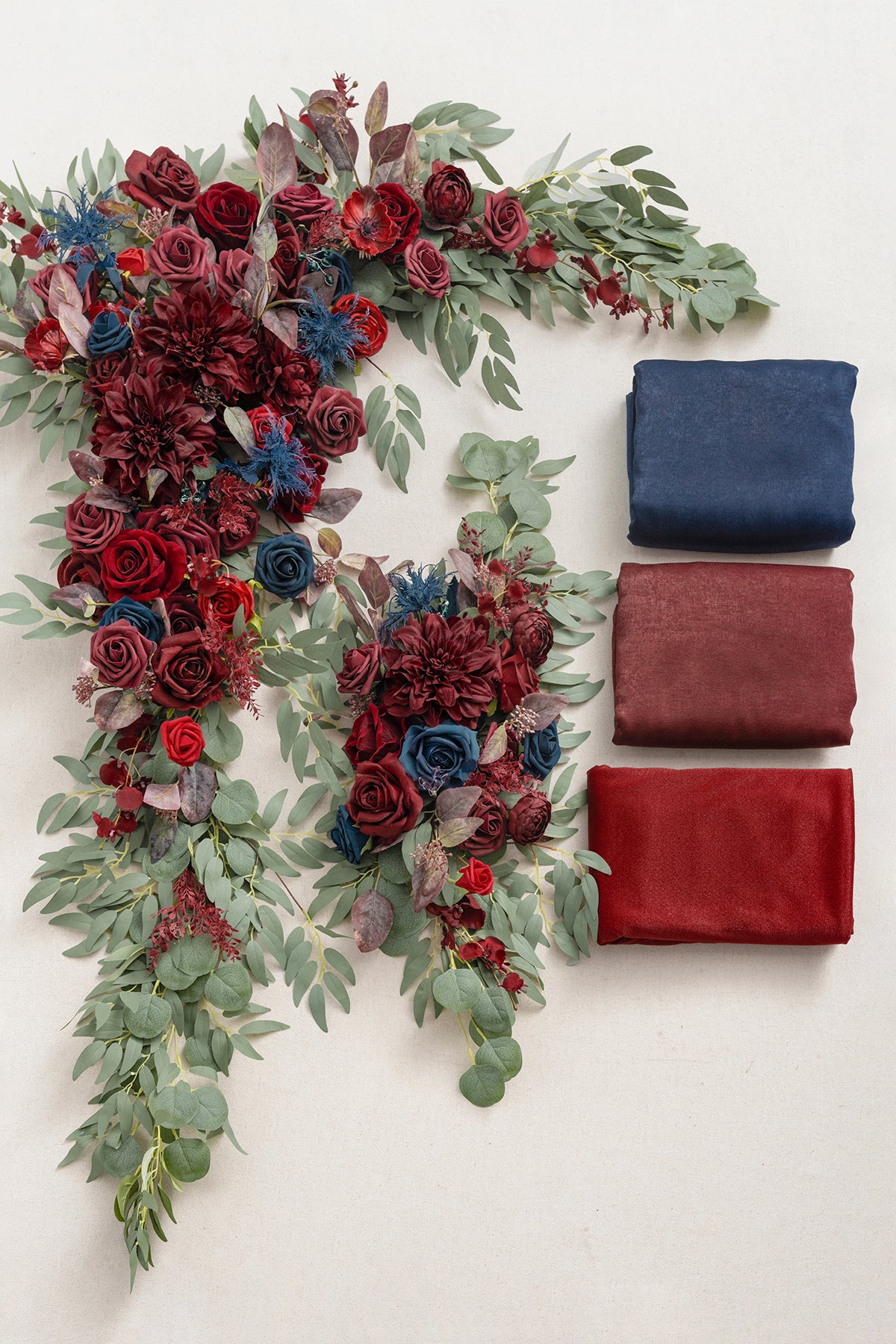 Flower Arch Decor with Drapes in Burgundy & Navy