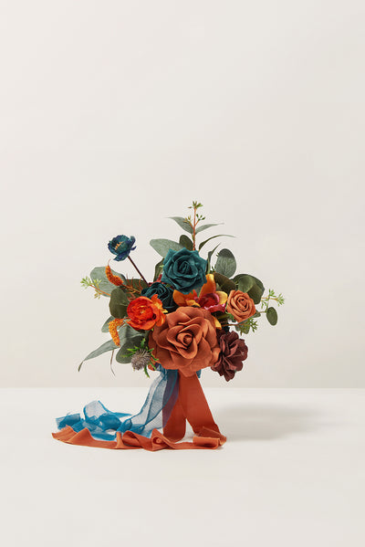 Free-Form Bridesmaid Bouquets in Dark Teal & Burnt Orange