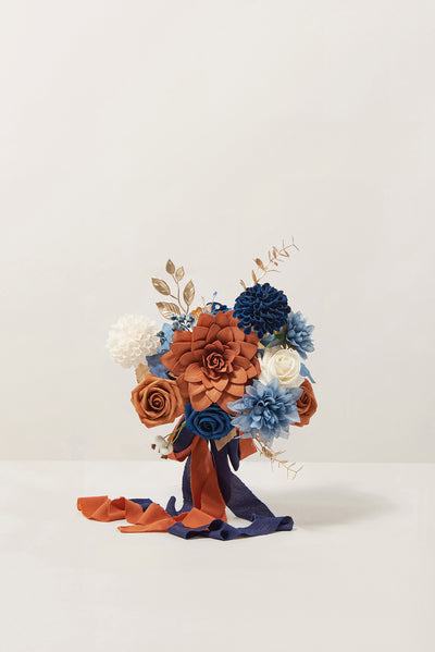 Round Bridesmaid Bouquets in Russet Orange & Denim Blue