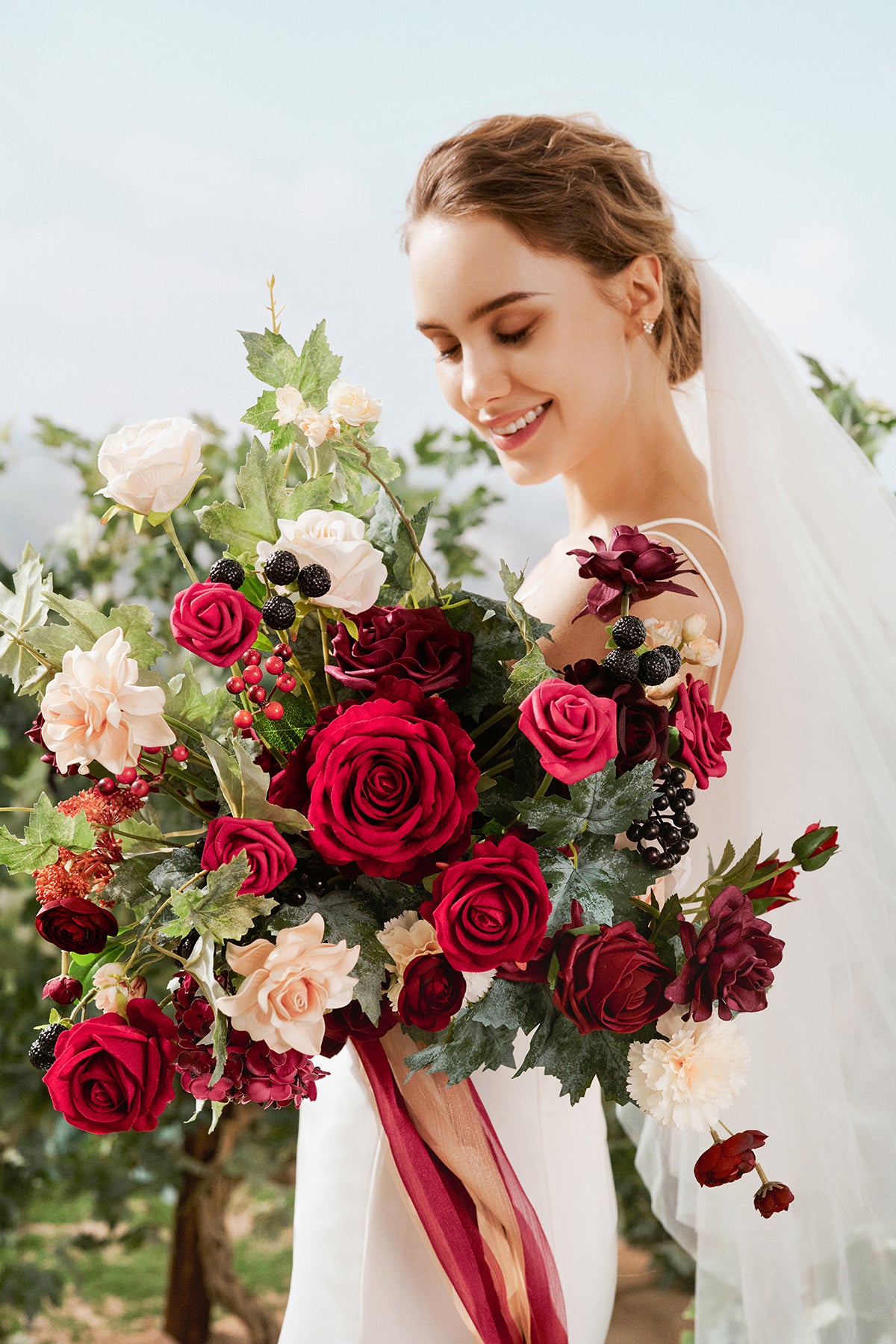 Medium Free-Form Bridal Bouquet in Bordeaux Red & Wine