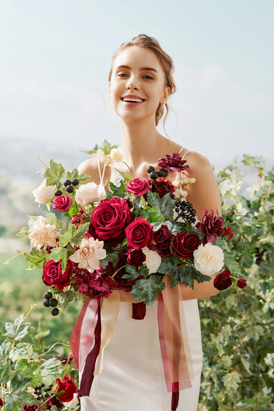 Pre-Arranged Bridal Flower Package in Bordeaux Red & Wine