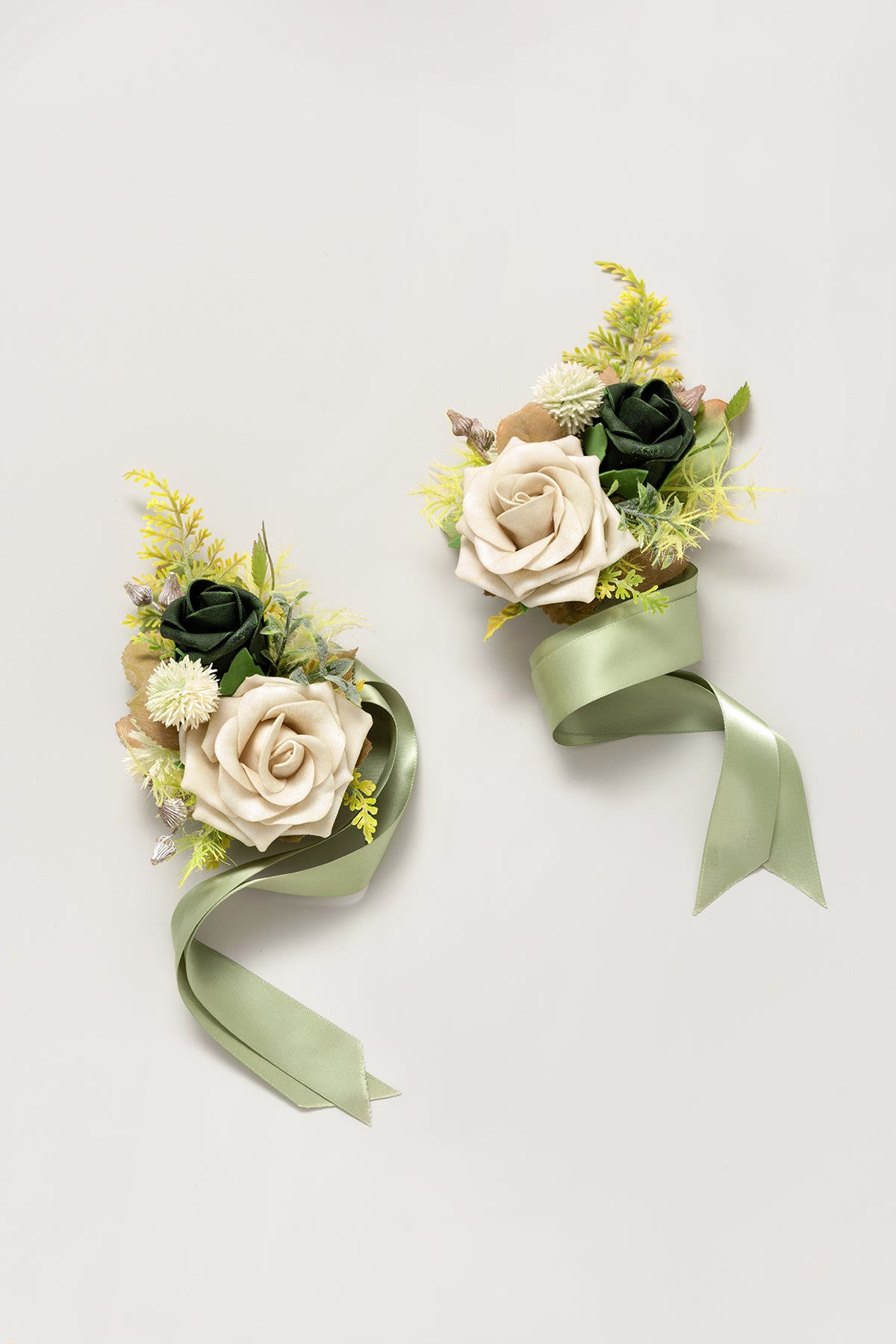 Wrist and Shoulder Corsages in Emerald & Tawny Beige