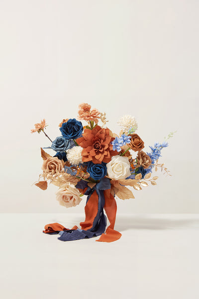 Small Free-Form Bridal Bouquet in Russet Orange & Denim Blue