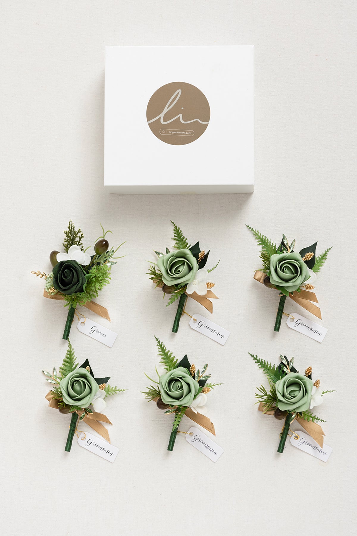 Boutonnieres in Forest Green & Gold