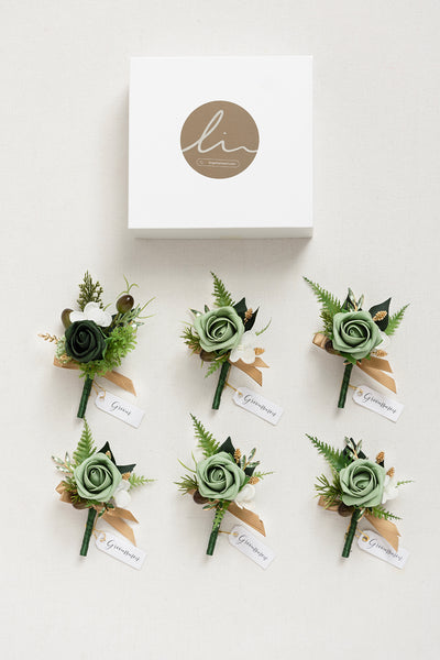 Boutonnieres in Forest Green & Gold