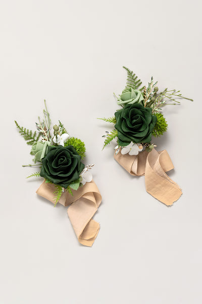 Wrist and Shoulder Corsages in Forest Green & Gold