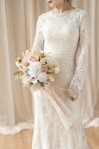 Small Round Bridal Bouquet in White & Beige