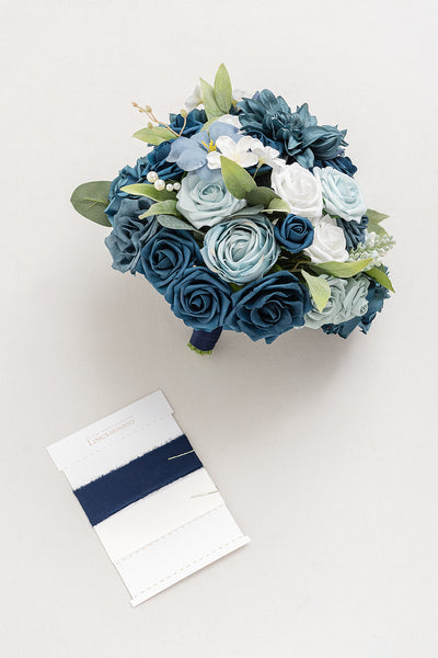 Small Round Bridal Bouquet in Dusty Blue & Navy