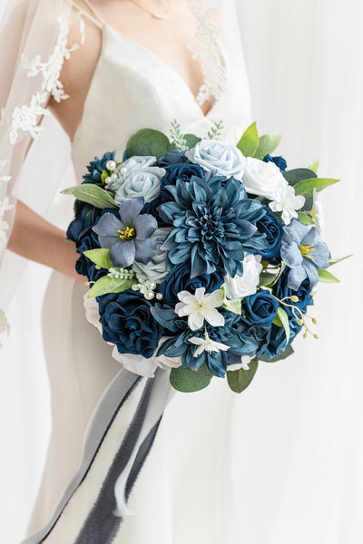 Small Round Bridal Bouquet in Dusty Blue & Navy