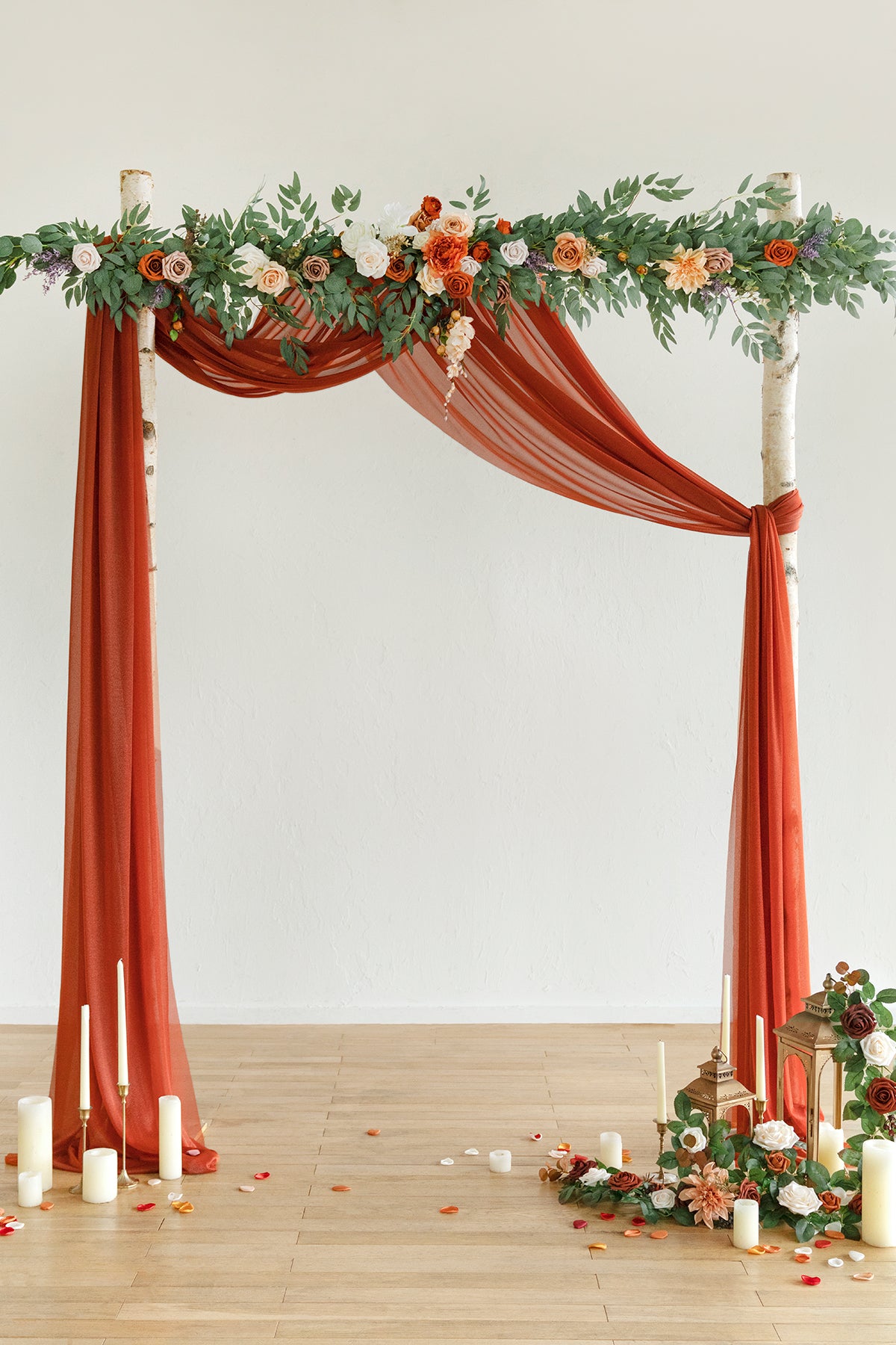 Wedding Arch Drapes in Burnt Orange & Scarlet