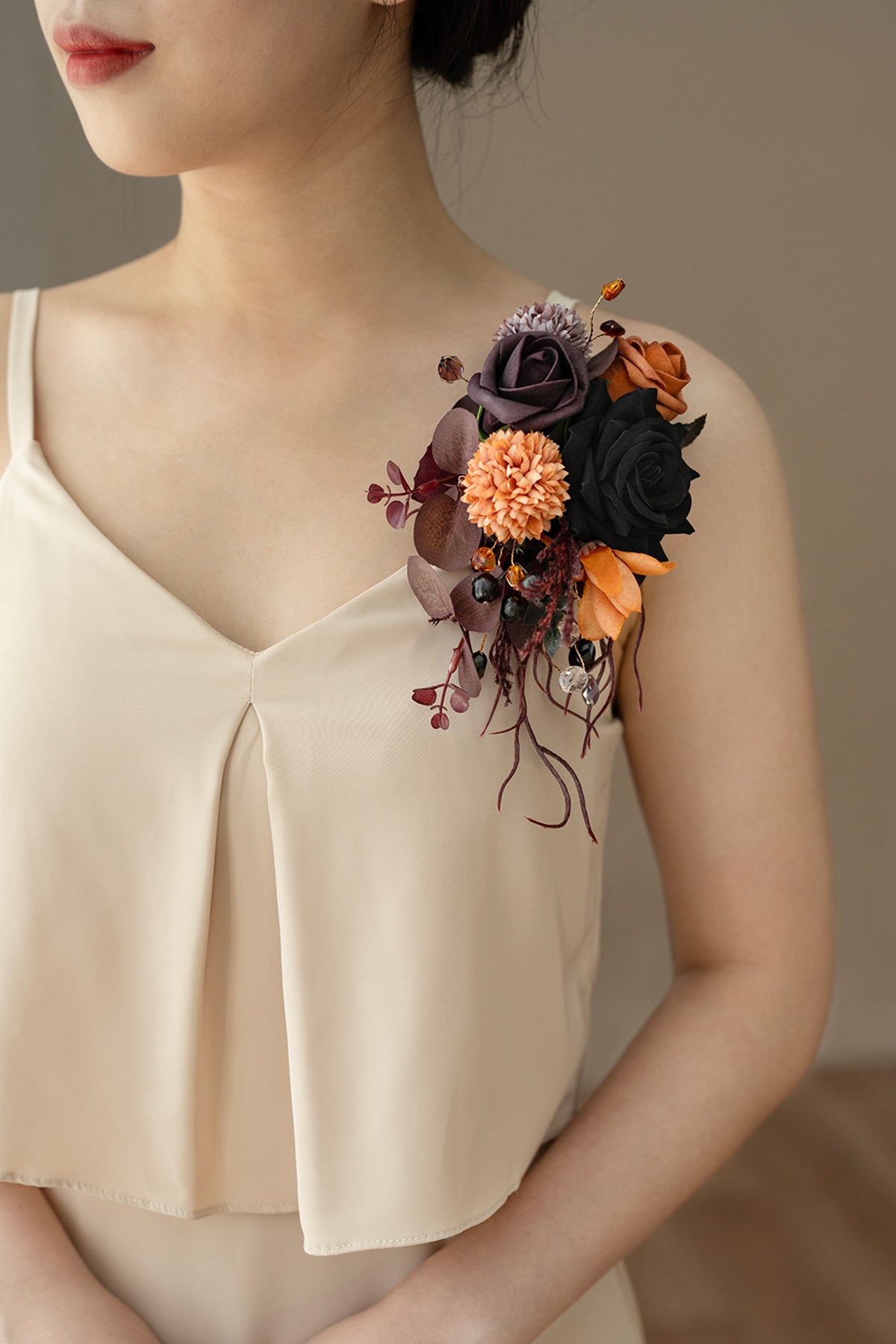 Shoulder Corsages in Twilight Purple & Harvest Orange | Clearance