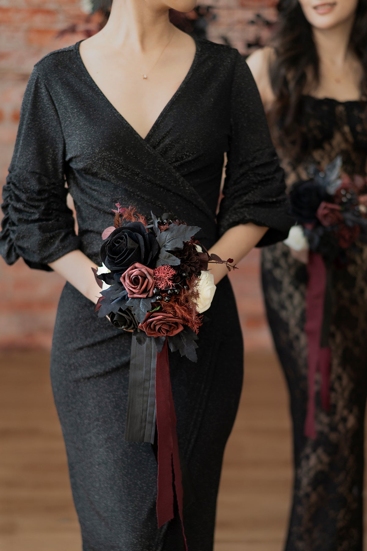 Round Bridesmaid Bouquets in Moody Burgundy & Black