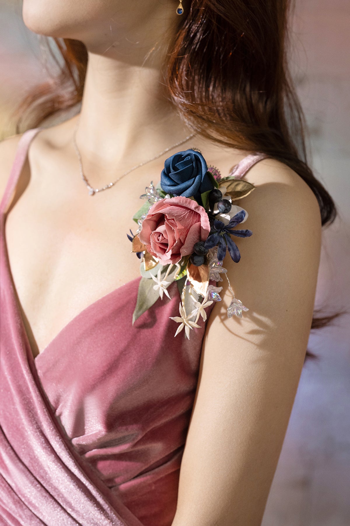 Wrist Corsages & Shoulder Corsages in Dusty Rose & Navy Blue