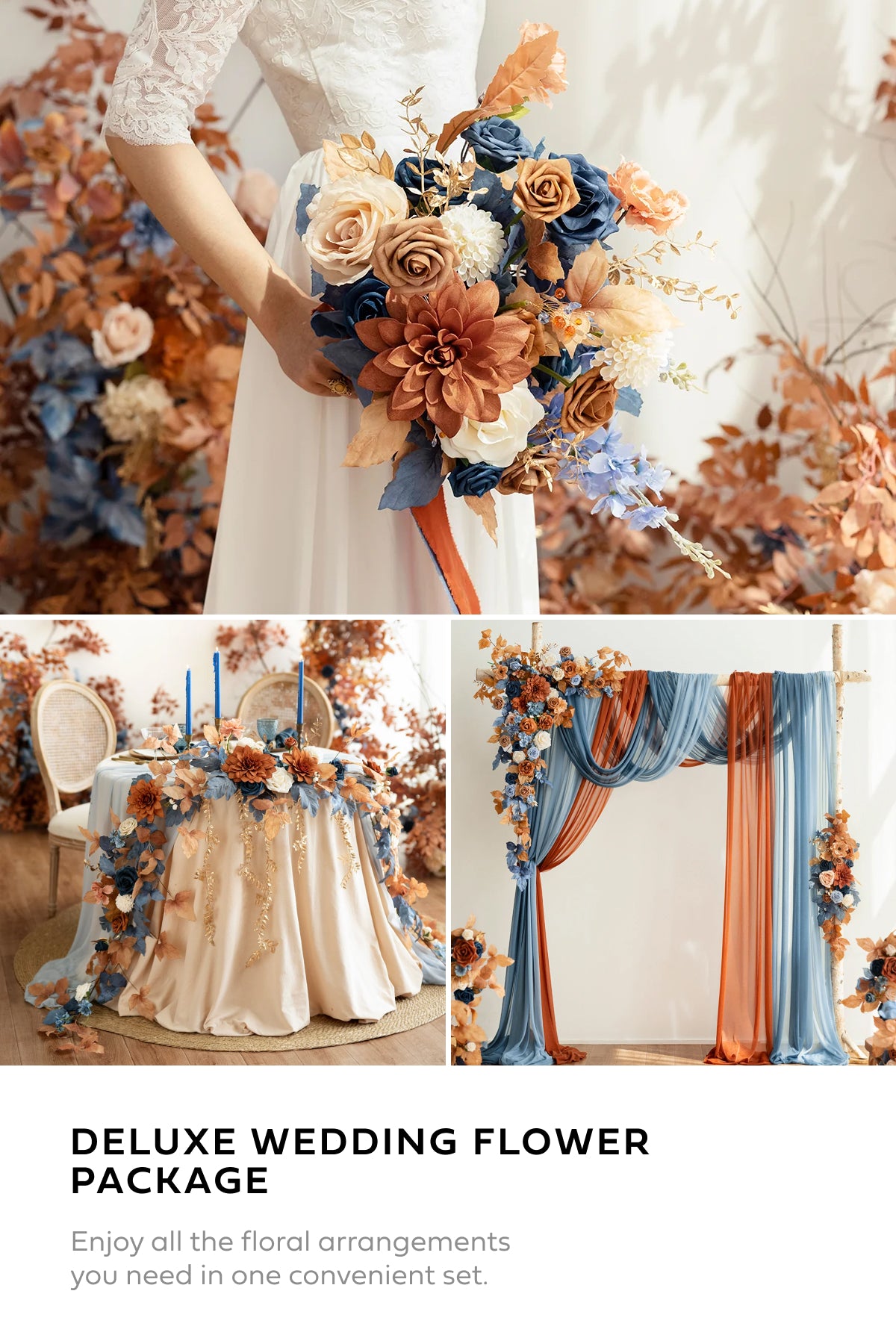 Pre-Arranged Wedding Flower Packages in Russet Orange & Denim Blue