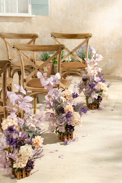 Wedding Aisle Runner Flower Arrangements in French Lavender & Plum