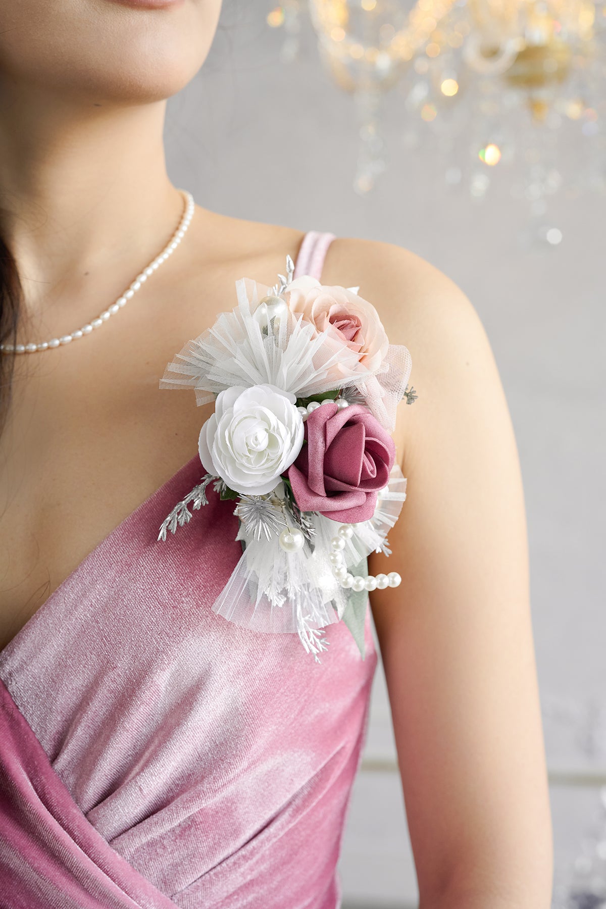 Wrist and Shoulder Corsages in Dusky Rose & Silver