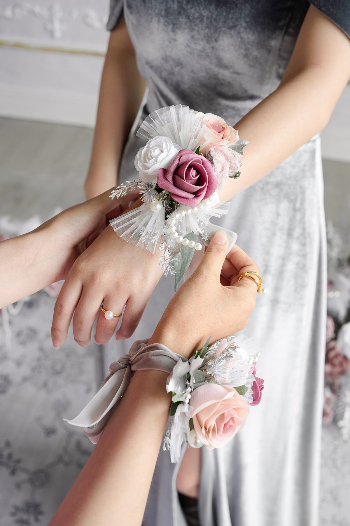 Wrist and Shoulder Corsages in Dusky Rose & Silver