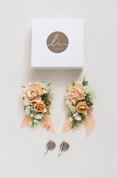 Wrist and Shoulder Corsages in Sunny Peach & Apricot