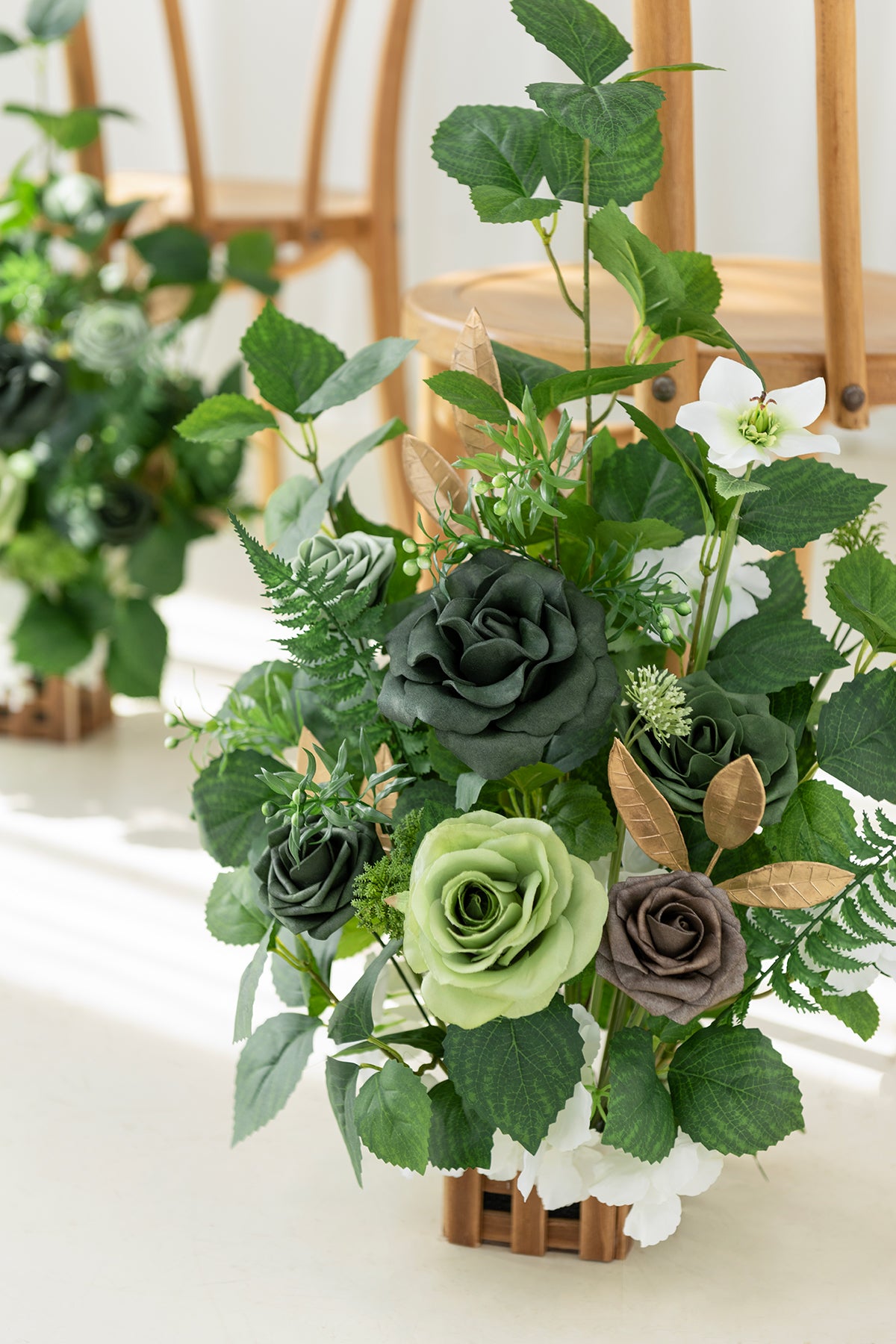 Wedding Aisle Runner Flower Arrangements in Forest Green & Gold