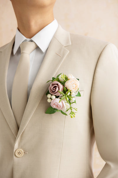 Pocket Square Boutonniere for Groom in Dusty Rose & Cream