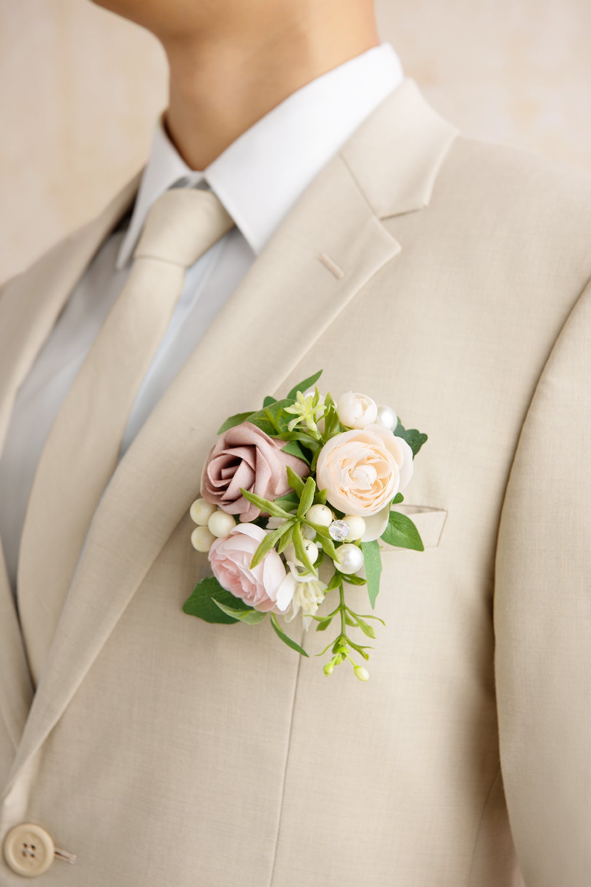 Pocket Square Boutonniere for Groom in Dusty Rose & Cream