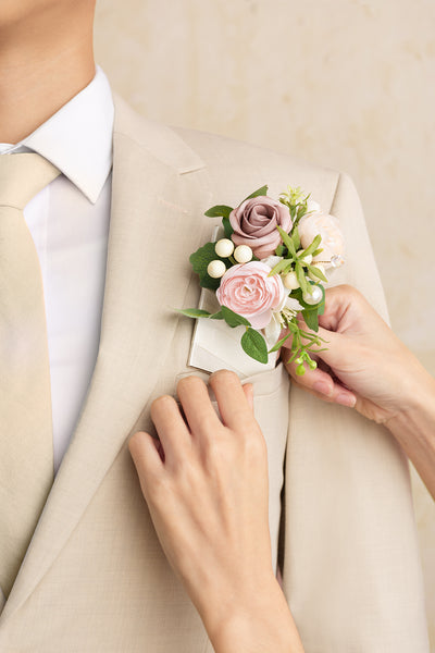 Pocket Square Boutonniere for Groom in Dusty Rose & Cream